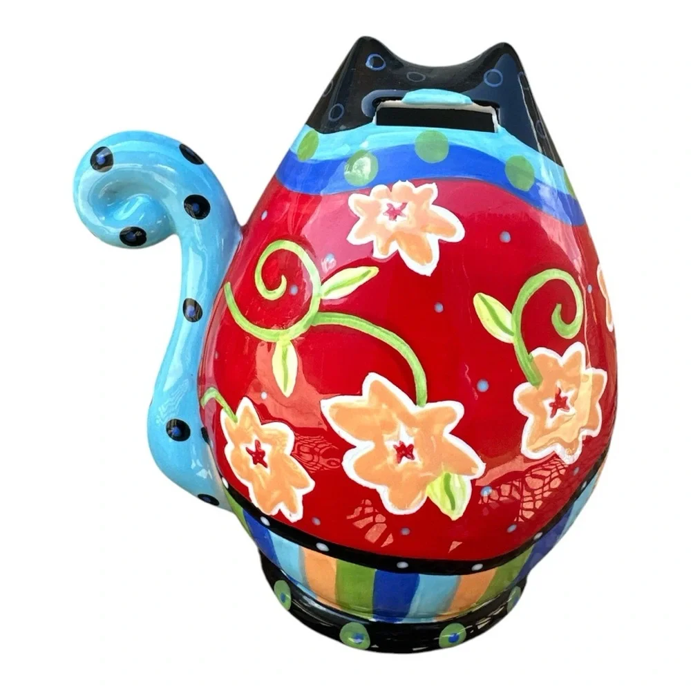 Joyce Shelton Cat's Meow Ceramic Cat Piggy Bank Colorful Floral Design 8” - Picture 2 of 6